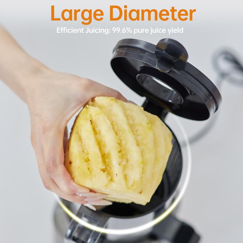 Product Introduction of Olayks Slow Masticating Juicer, Juice and Pulp Separator, Automatic Cold Press Juicer for Home, Large Chute Fruit Juice Extractor, Easy to Clean, gift 2