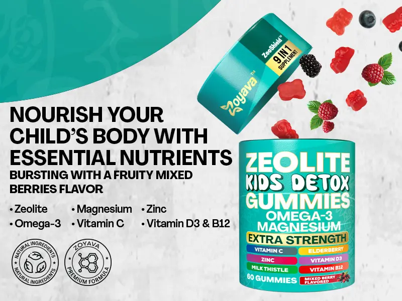 Product Introduction of Zeolite Kids Detox Gummies (Mixed Berry Flavor) - Zoyava 9-in-1 Kid Supplement for Brain, Fitness, and Overall Healthcare - 60 Edible Gummies - Made in USA 10