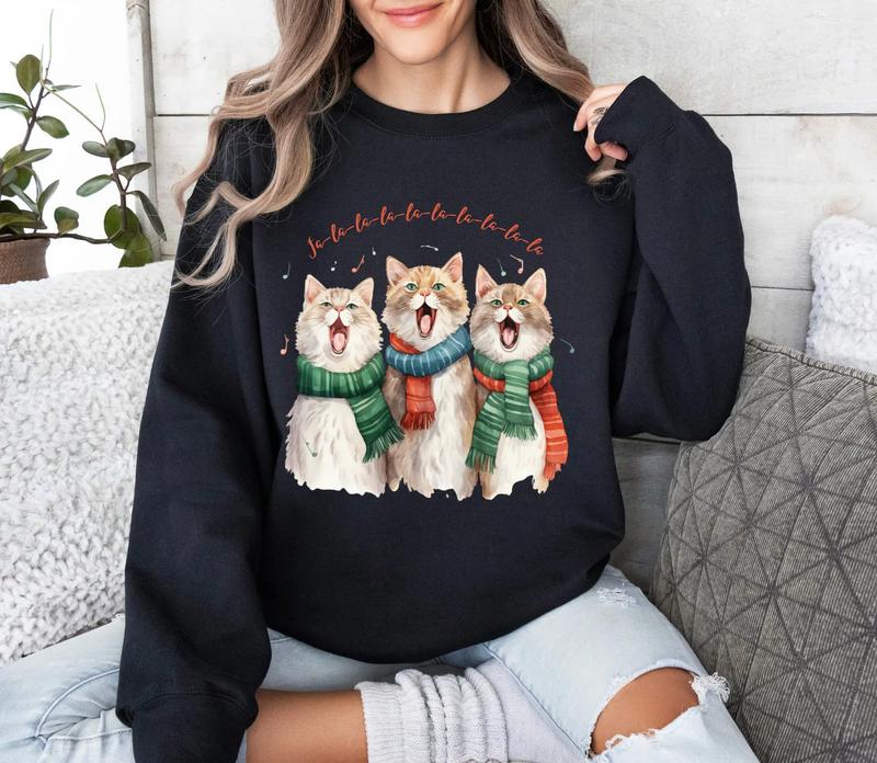 TikTok Shop Caroling Cats Christmas Sweatshirt Cute Cat Christmas Sweater Cat Lover Gift