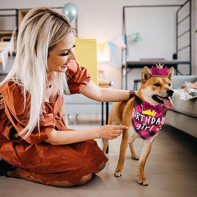 TikTok Shop Dog Birthday Party Supplies Girl Dog Birthday Bandana Set with Cute Dog Bow Tie Crown Hat with Numbers for Small Medium Large Dogs Blue Dog Birthday Outfit Pink