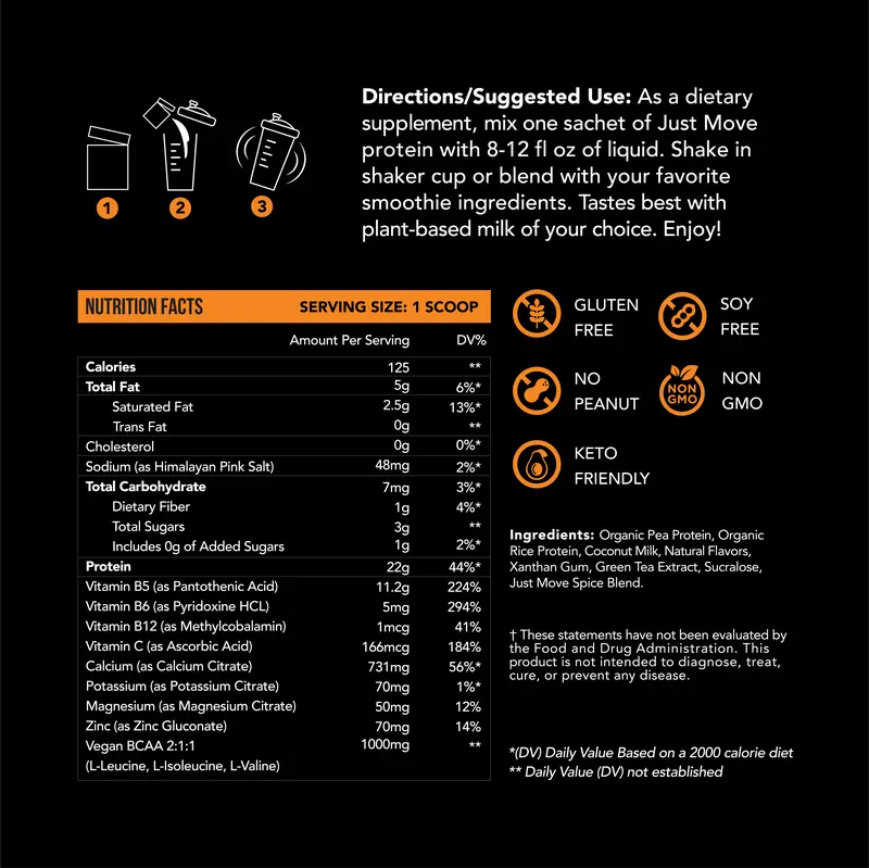 Product Introduction of Just Move Protein Sample 7 Pack - Vegan (Plant Based) Organic, Dairy Free, Soy Free, Gluten Free, Keto, Peanut Free, 20g -22g Protein, Low Carb, Non GMO supplements fitness dietary supplement post-workout recovery Edible Flavor Healthy Multi Flavors 16