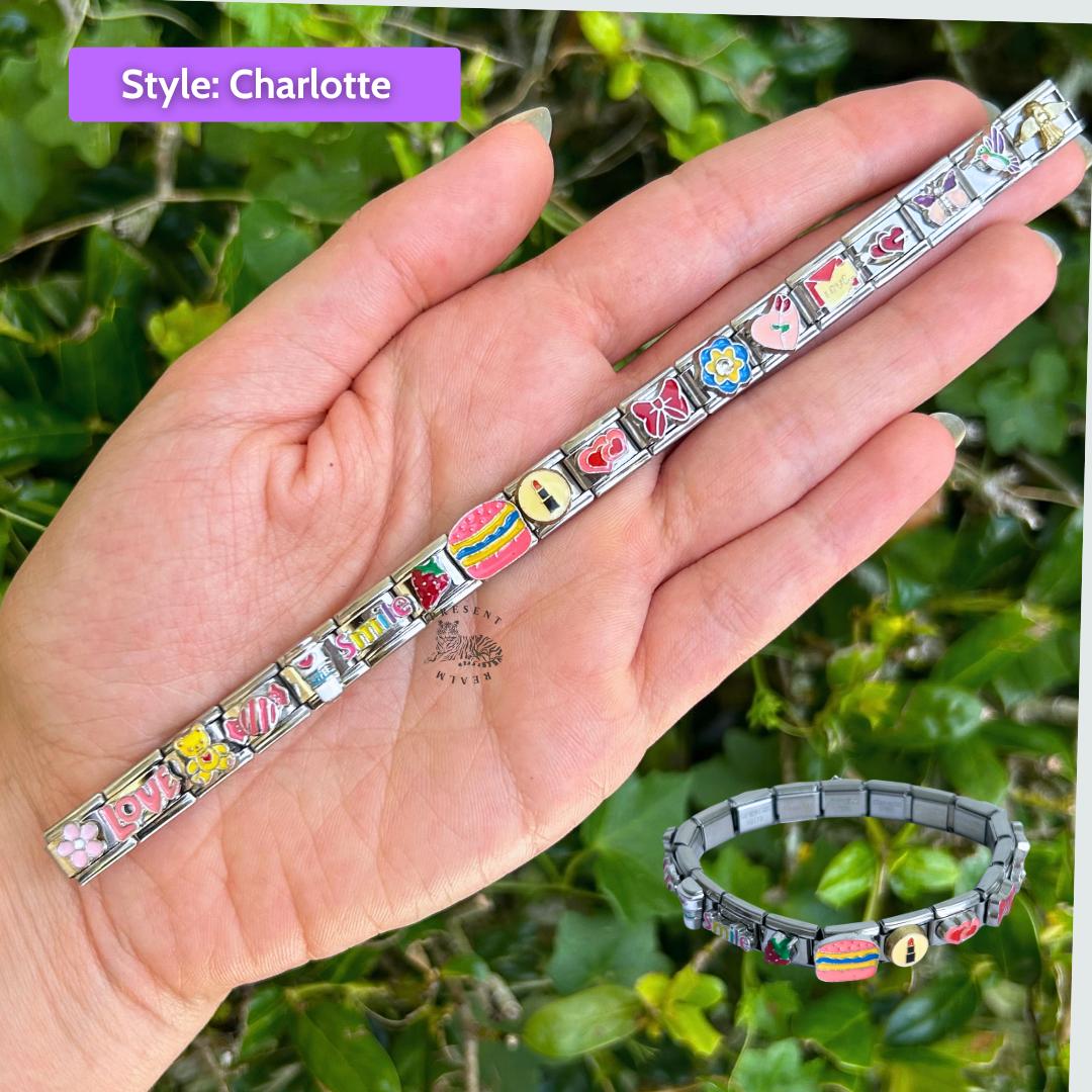 CHARLOTTE Coquette Themed Italian Charm Bracelet Ready Made Charm Set Present Realm