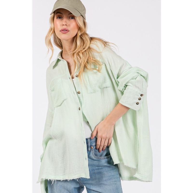 SAGE + FIG Frayed Hem Side Slit Button Down Shirt SAGE + FIG Frayed Hem Side Slit Button Down Shirt