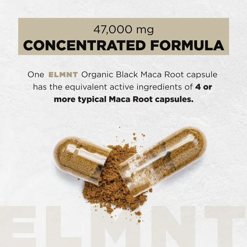 Product Introduction of ELMNT 40x Strength Organic Black Maca Root w. Ashwagandha - High Potency Black Maca Root Capsules for Men. 100% Pure Maca Powder. Exercise support 1