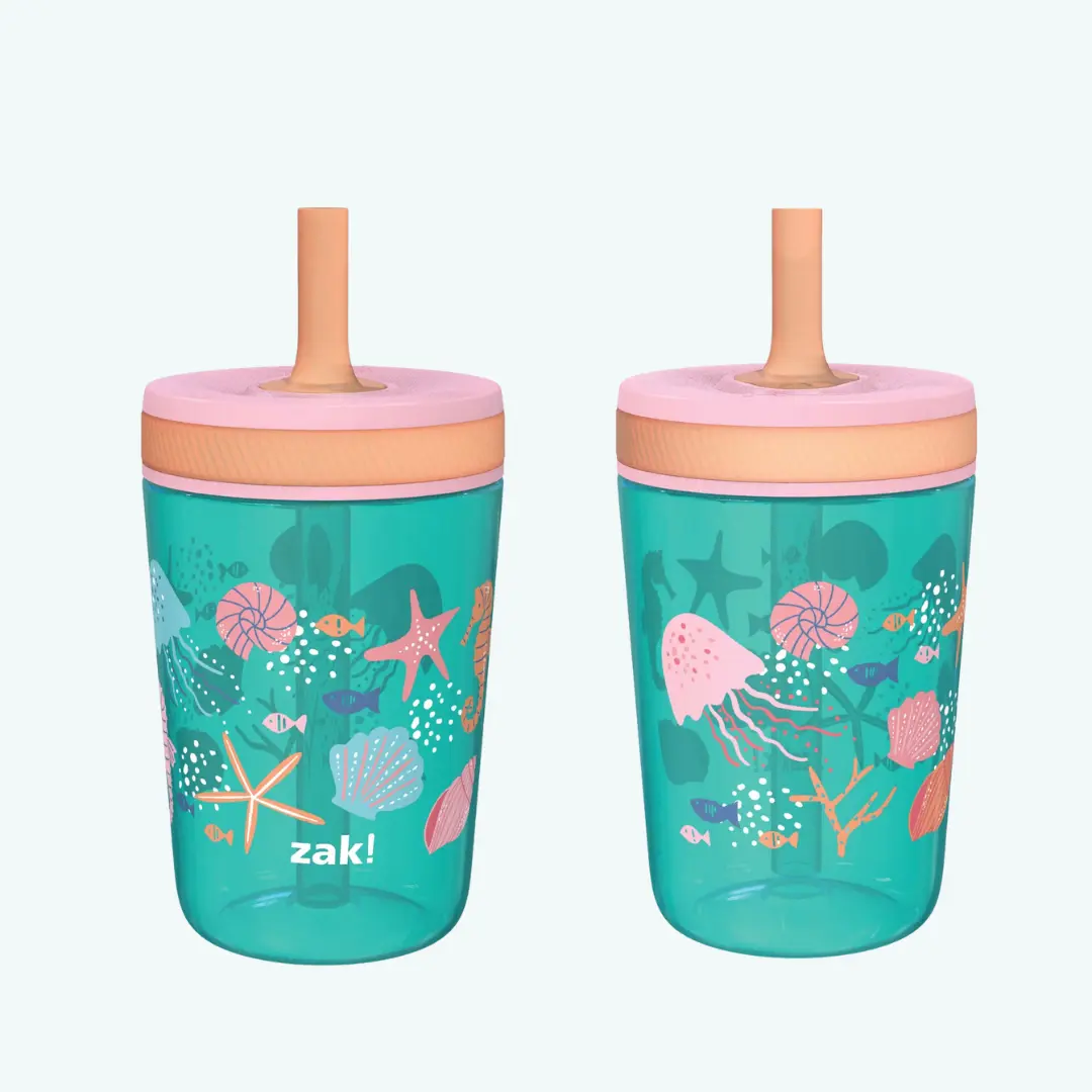 Zak Designs Kelso Kids Leakproof Straw Cup with Silicone Spout - Plastic, 15 Ounces, 2 Pack BPA Free Water Bottles