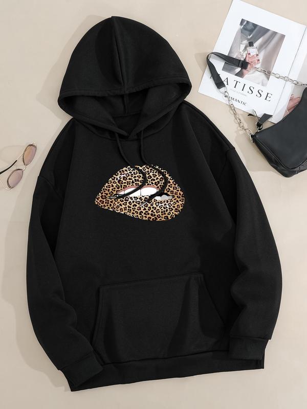 TikTok Shop Plus Size Leopard Lip Print Drop Shoulder Hoodie Fashion Casual Drawstring Pocket Hooded Sweatshirt for Daily Holiday Outdoor Wear Women Plus Clothing for Fall Winter Sweatshirt Hoodie Com...