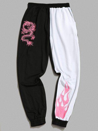 TikTok Shop Dragon Fire Joggers Black and white joggers with pink dragon and flame graphics for a bold edgy look