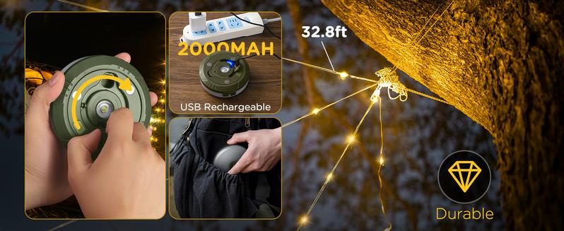 Lumières de camping durables et résistantes à l'eau – lampes de camping LED rechargeables et guirlandes lumineuses de camping rétractables
