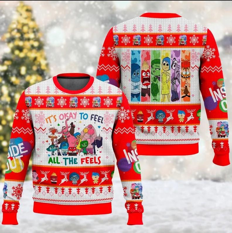 TikTok Shop It s Okay To Feel All The Feel Ugly Christmas Sweater Joy Sadness Xmas Sweatshirt Inside Out 2 Character Christmas Gift For Men Women