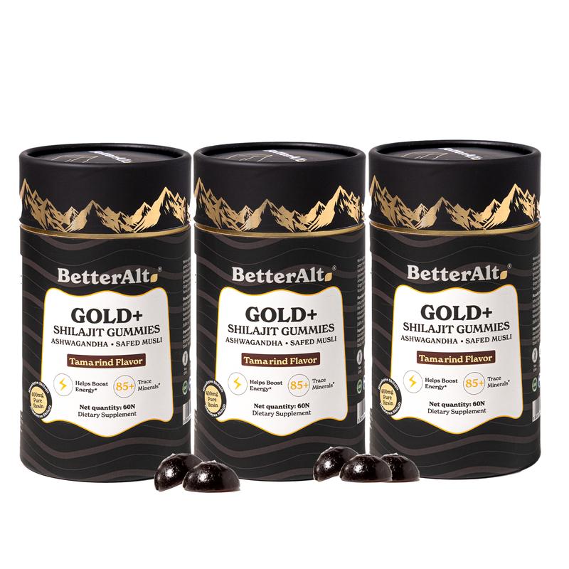 3 packs of betteralt gold+ shilajit resin gummies | with ashwagandha & safed musli | helps improve gym performance | lab-tested for purity healthcare dietary