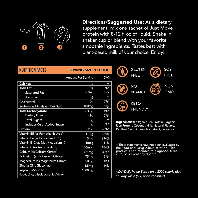 Product Introduction of Just Move Protein Sample 7 Pack - Vegan (Plant Based) Organic, Dairy Free, Soy Free, Gluten Free, Keto, Peanut Free, 20g -22g Protein, Low Carb, Non GMO supplements fitness dietary supplement post-workout recovery Edible Flavor Healthy Multi Flavors 12