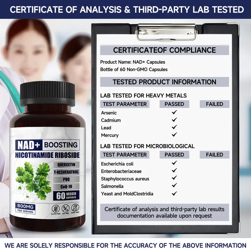 Product Introduction of PLAIRMOI NAD+ Supplement 800mg Advanced | Highest NAD Pontecy | Max Absorption | Pure NAD Supplement | NR Supports Cellular Energy Metabolism & Repair, Vitality, Healthy Aging of Heart, Brain & Muscle | Nad with Resveratrol,Quercetin,PQQ,CoQ10 | 60 Caps. 9