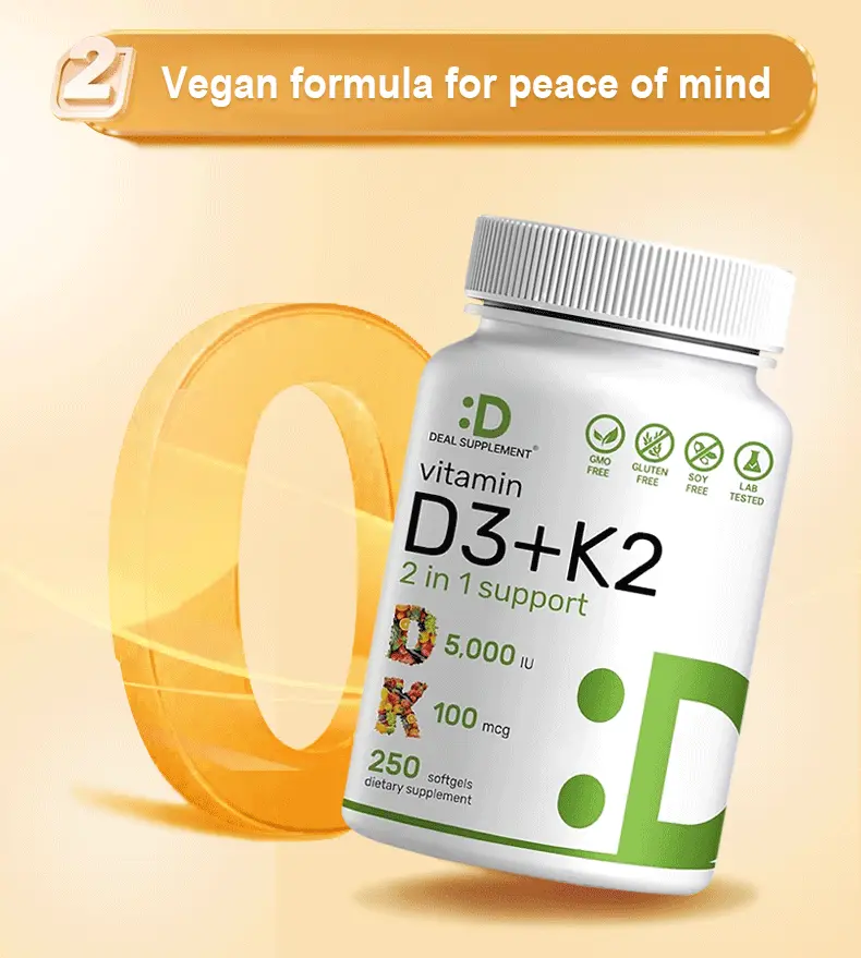 Product Introduction of Deal Supplement Vitamin D3K2, 250 Veggie Softgels, 2 in 1 (5000 IU D3+100mcg K2 MK7) | Healthy Bones, Teeth, Heart, Immune System 11
