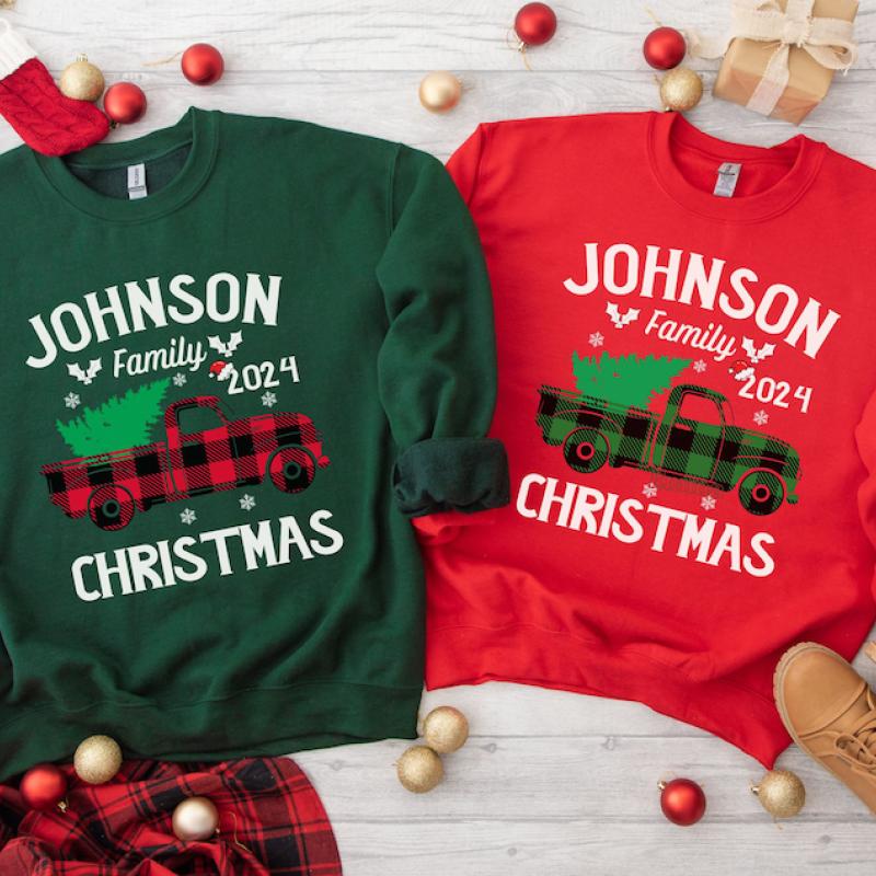 TikTok Shop Custom Family Name Christmas Sweatshirts Family Christmas Sweatshirts Buffalo Plaid Christmas Truck Sweatshirt Personalized Family Xmas