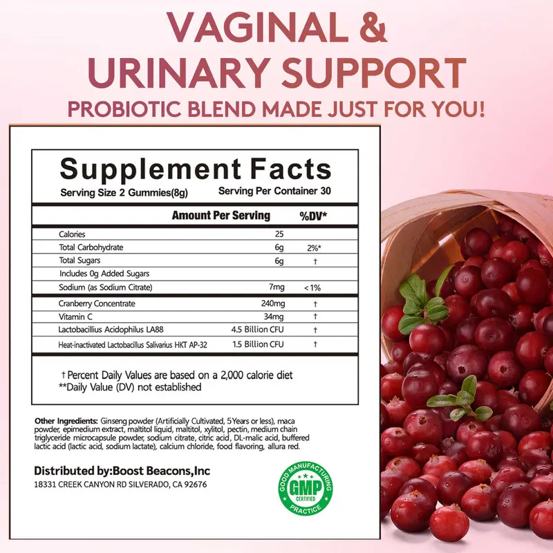 Product Introduction of Boost Beacon Women's Probiotic Gummies for Feminine Health | Cranberry Gummies for pH Balance & UTI Prevention | Vitamin C | Hormonal Support | 60ct Supplement Natural 36
