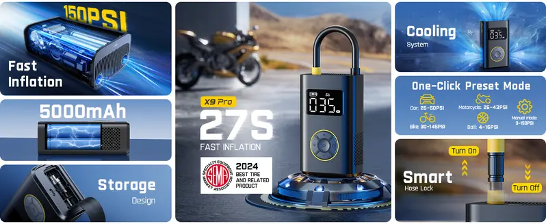 Product Introduction of Fanttik FathersDayGift X9 Pro Portable Tire Inflator 150PSI High-Pressure with Smart ON/OFF Hose Design, Lightweight 17oz Springtok, Cordless, 4+N Auto Stop Modes Pump 1