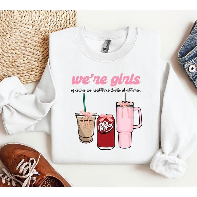 TikTok Shop We re Girls Of Course We Need Three Drinks Hoodie Funny Girls Hoodie Coquette Bow Sweatshirt Coffee Hoodie Girl Sweatshirt Woman Hoodie Retro Vintage Y2k Aesthetic Sweatshirt Hoodie