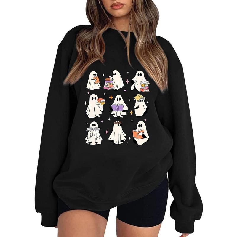 TikTok Shop Women s Halloween Sweatshirt Cute Ghost Graphic Pullover Tops Funny Novelty Pumpkin Print Crewneck Sweatshirts Comfort Cotton