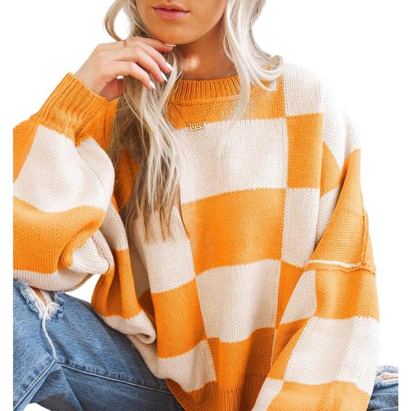 Women's Checkered Sweater Fall Fashion Long Sleeve Ribbed Women's Checkered Sweater Fall Fashion Long Sleeve Ribbed