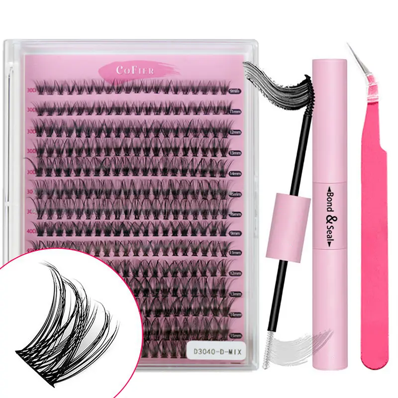 Cofier 280PCS DIY Eyelash Extension Kit Professional Lash Clusters Beginner Friendly Lash Bond and Seal, D Curl Individual Lashes Kit Lash Tweezers & Curler for Self Use 5