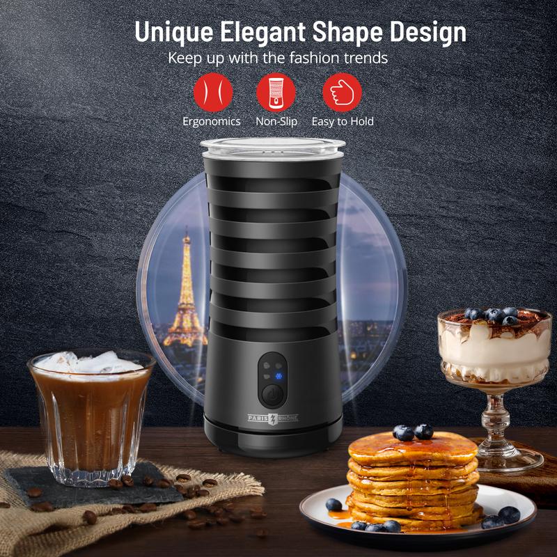 Paris Rhône 4-in-1 Electric Milk Frother and Steamer, Non-Slip Stylish Design, Hot & Cold Milk Steamer with Temperature Control, Auto Shut-Off Frother for Coffee, Latte, Cappuccino, Macchiato, MF010 1
