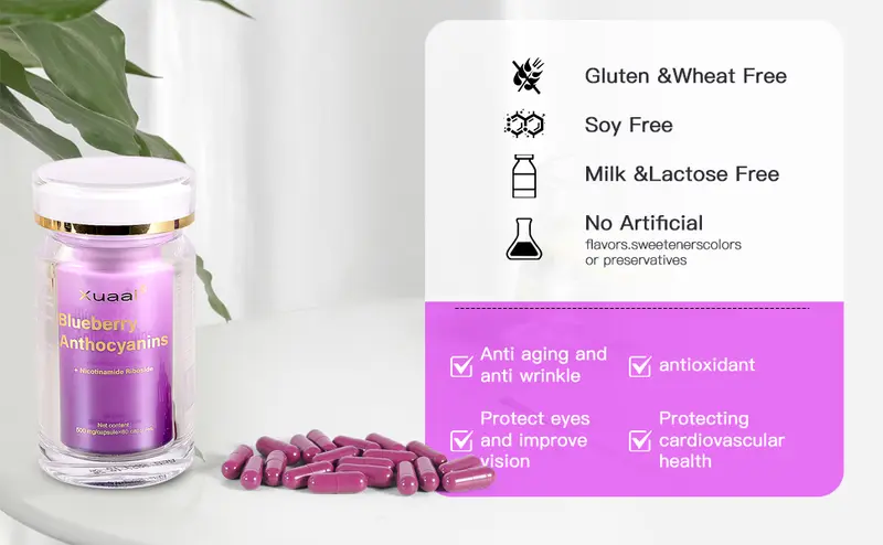 Product Introduction of 【Today 50%+OFF 】 Xuaai Blueberry Anthocyaninis NAD+ Supplement for Skin Aging Support, Energy, and Focus - 60 Capsules - Vitamin & Wellness Supplements Dietary Healthcare Edible Fitness Support eye health 10
