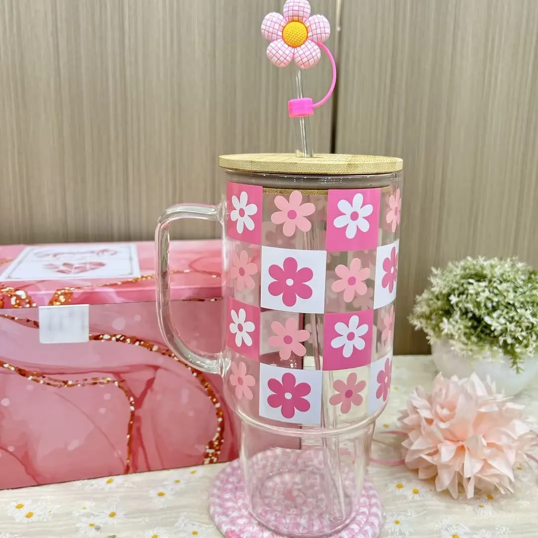 Mother's Day Gift for Her, 40 oz Glass Tumbler with Handle, Floral Cup with Lid&Straw, Iced Coffee Mug, Water Bottle, Easy Clean, Eco-friendly & Stylish Drinkware for Coffee, Tea, Juice, Easter Gift Ideas, Summer Drinkware Set