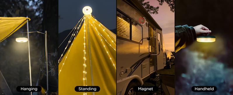 Lumières compactes et étanches – lampes de camping à LED avec fonctions de lanterne, de lampe torche et de guirlande lumineuse de camping.