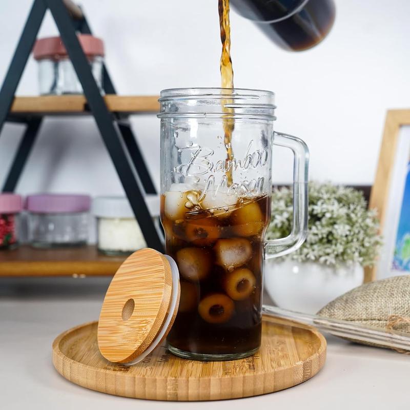 Easter Gifts - 24 oz Glass Tumbler Cup with Handle- Stylish Coffee Glass Water Bottle With Lid&Straw, Wide Mouth Mason Jar Cups, Fit Car Cup Holder Bamboo Drinkware 3