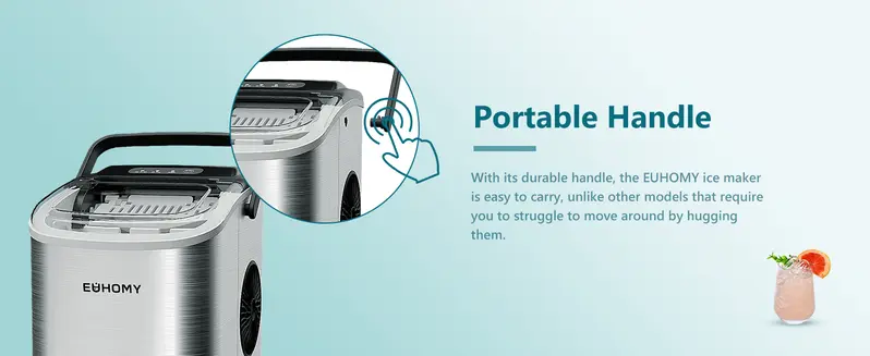 Product Introduction of EUHOMY Ice Maker Countertop with Handle. 26lbs in 24Hrs. 9 Ice Cubes Ready in 6 Mins. Auto-Cleaning Portable Ice Maker with Basket and Scoop. for Home/Kitchen/Camping/RV. (2024 New Silver) Utensils 2